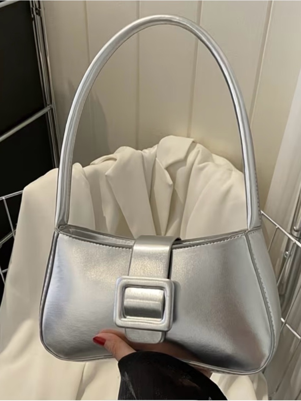 Silver Metallic Shoulder Bag with Buckle Accent